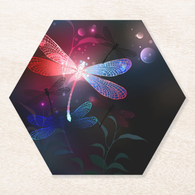 Glowing red dragonfly paper coaster (Front)