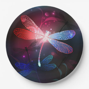Glowing red dragonfly paper plate