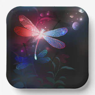 Glowing red dragonfly paper plate
