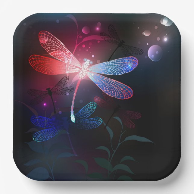 Glowing red dragonfly paper plate (Front)