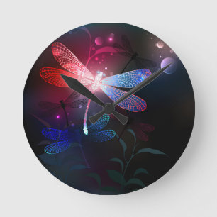 Glowing red dragonfly round clock