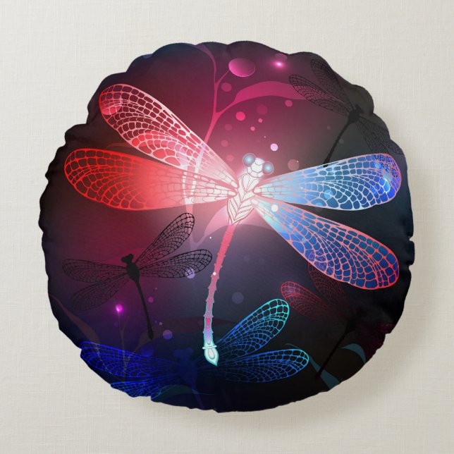 Glowing red dragonfly round pillow (Front)