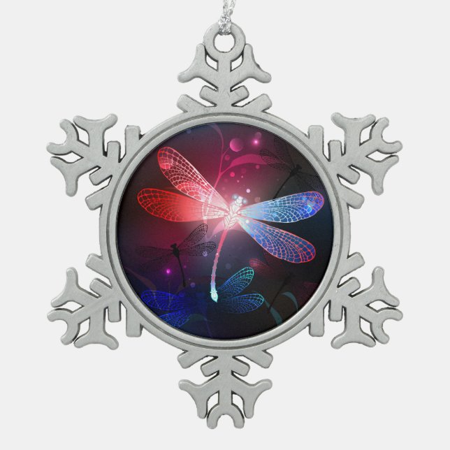 Glowing red dragonfly snowflake pewter christmas ornament (Front)