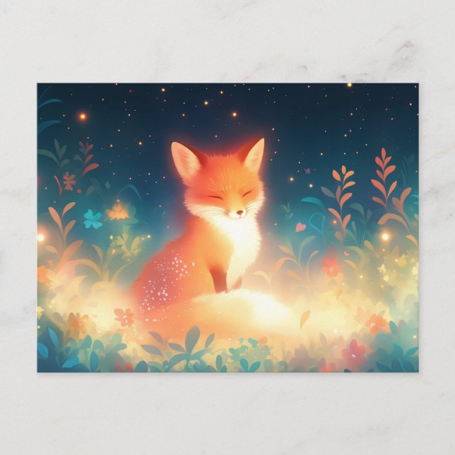 Glowing Red Fox in Magical Night Meadow Postcard (Front)