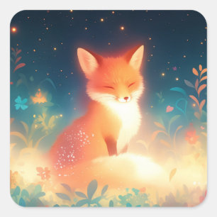 Glowing Red Fox Napping in Starry Night Wildflower Square Sticker