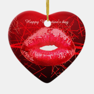 Glowing red kiss me lips valentine ceramic ornament