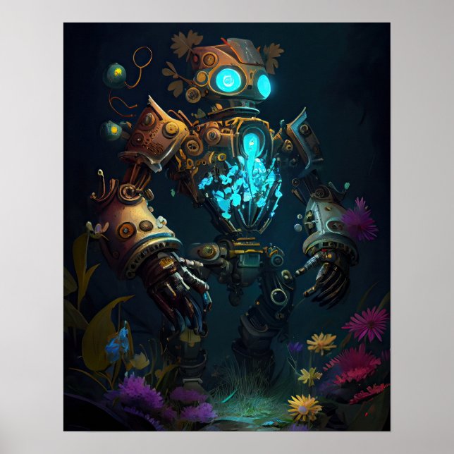 Glowing Robot & Flowers Poster (Front)