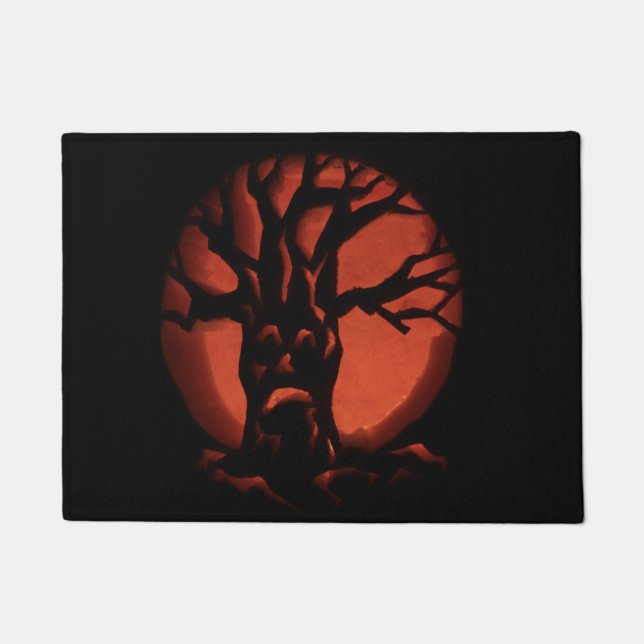 Glowing Scared Dead Tree Halloween Pumpkin Doormat (Front)