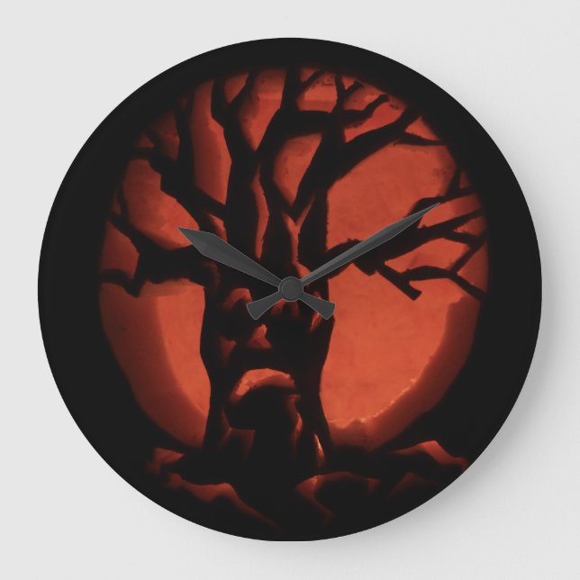 Glowing Scared Dead Tree Halloween Pumpkin Large Clock (Front)