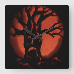 Glowing Scared Dead Tree Halloween Pumpkin Square Wall Clock