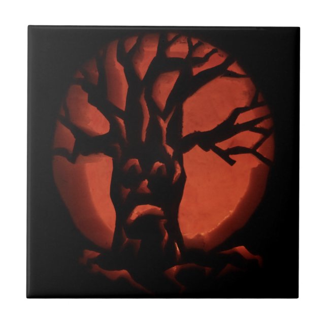 Glowing Scared Dead Tree Halloween Pumpkin Tile (Front)