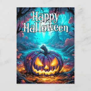 Glowing Spooky Halloween Pumpkin Postcard