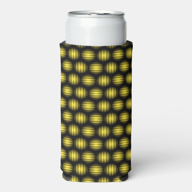 Glowing striped yellow circles black seltzer can cooler (Seltzer Front)