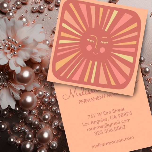 Glowing Sun Cute and Charming Peach Fuzz Pink  Square Business Card (Cheerful sun design on these custom square business cards with "pantone peach fuzz" background)