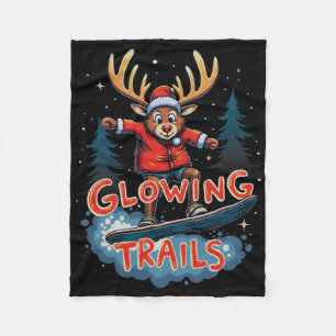 Glowing Trails Reindeer With Red Nose Snowboarding Fleece Blanket