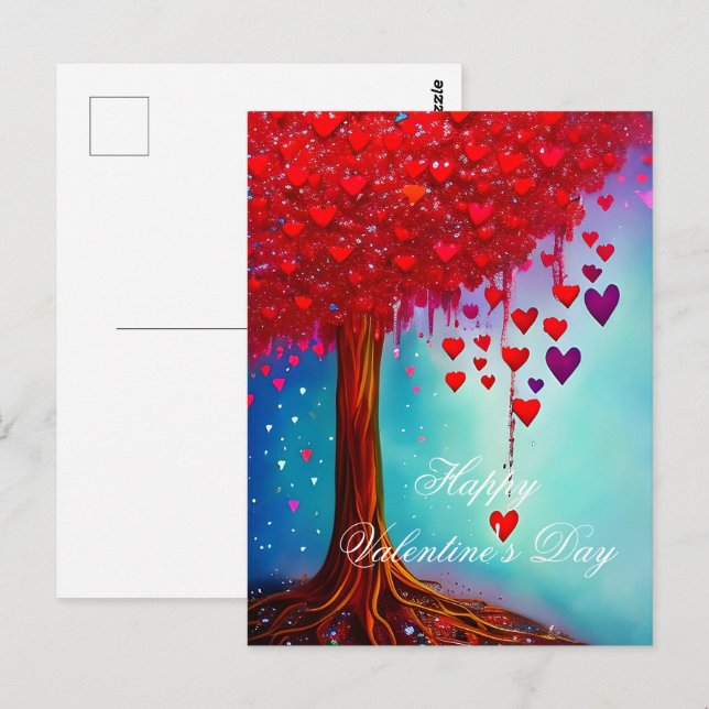 Glowing tree of hearts valentine postcard (Front/Back)