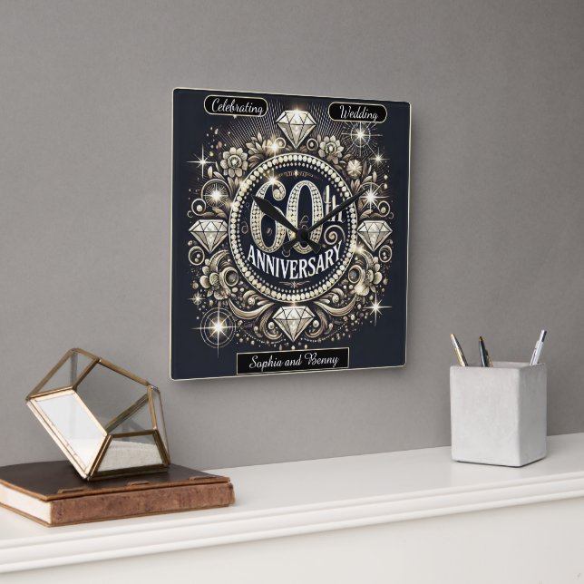 Glowing Tribute: 60th Anniversary Design Square Wall Clock (Office)