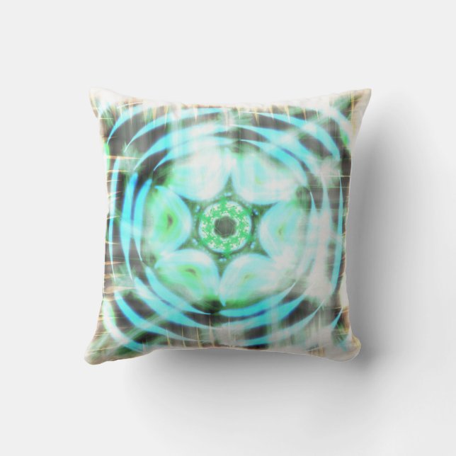 Glowing Turquoise Wheel On Black Abstract  Throw Pillow (Back)