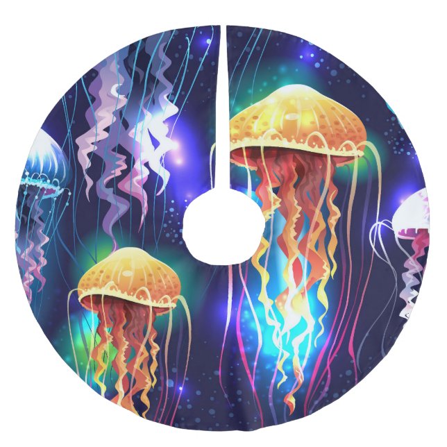 Glowing Underwater Jellyfish Horizontal Banner Brushed Polyester Tree Skirt (Front)