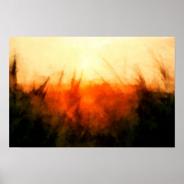 Glowing wheat field in an orange sunset Landscape Poster