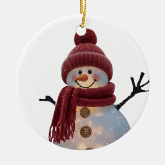 Glowing Winter Snowman - Cozy Christmas Night Ceramic Ornament (Front)