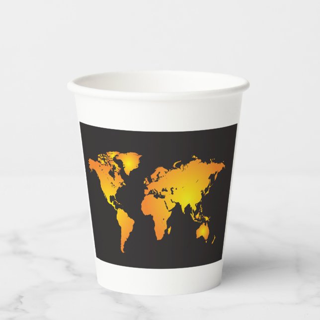 Glowing World Map in Orange and Yellow Paper Cups (Front)