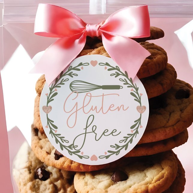 Gluten Free Bakery Whisk & Wreath Pink & Green Classic Round Sticker (Creator Uploaded)
