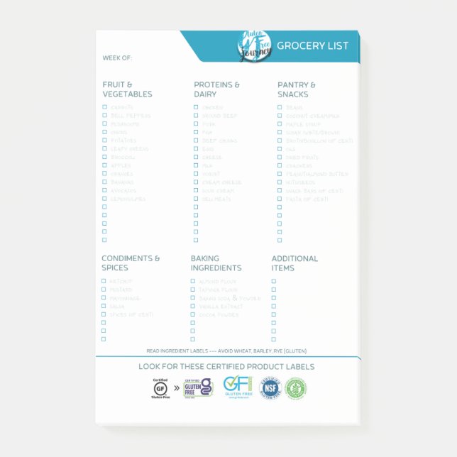 Gluten Free Food List | Grocery List Notepad (Front)