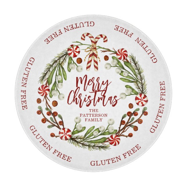 Gluten Free Merry Christmas Candy Cane Floral Cutting Board (Front)