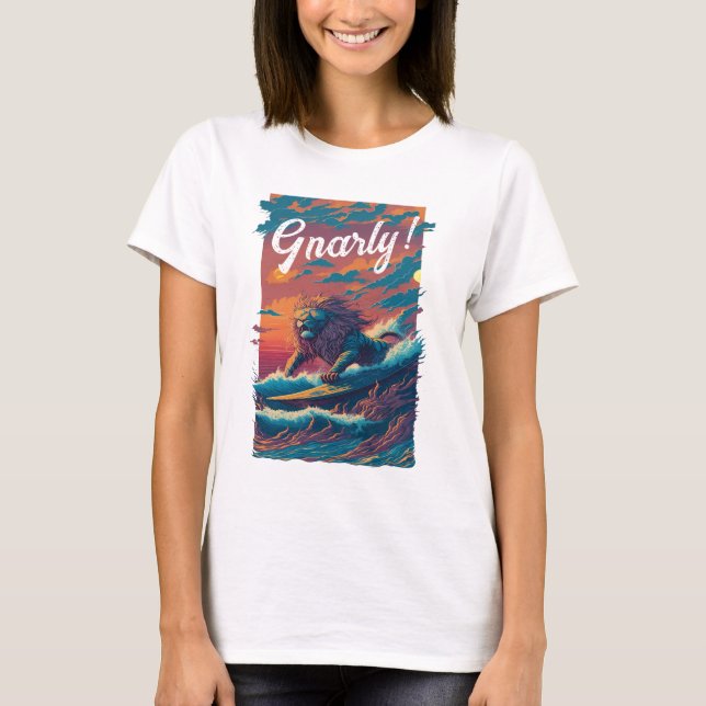 Gnarly! Lion Surfer, Personalized T-Shirt (Front)