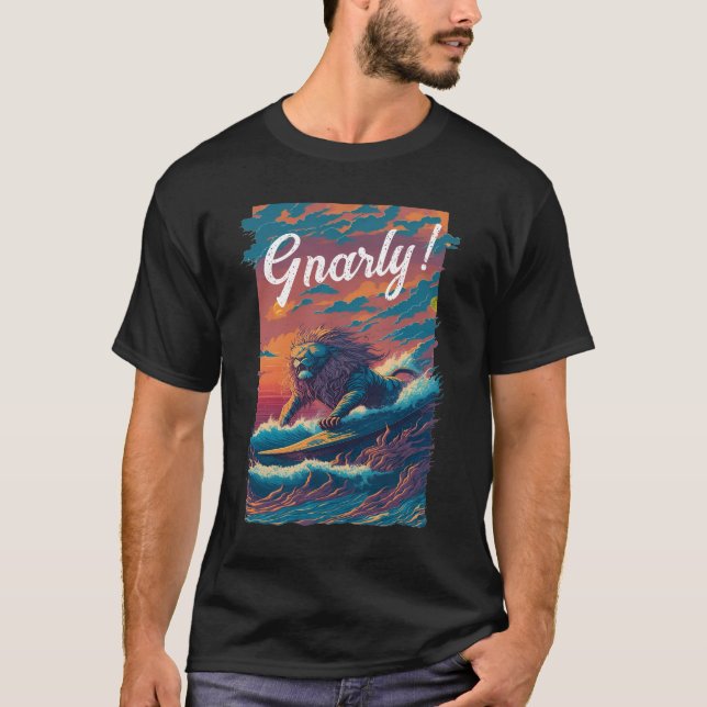 Gnarly! Lion Surfer, Personalized T-Shirt (Front)