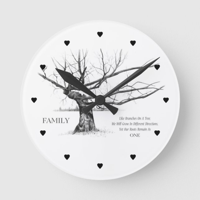 Gnarly Old Tree: Quote: FAMILY: Pencil Art Round Clock (Front)