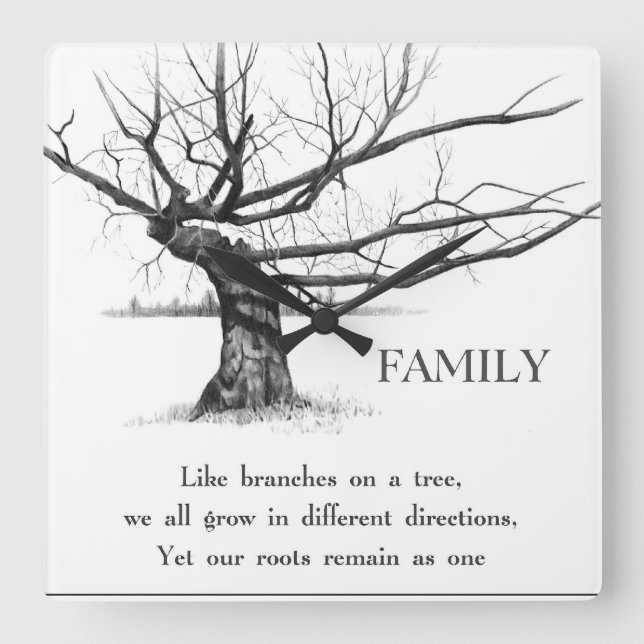 Gnarly Old Tree: Quote: FAMILY: Pencil Art Square Wall Clock (Front)