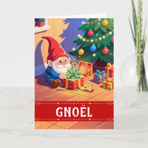 Gnoel Christmas Gnome Opening a Present Holiday Card
