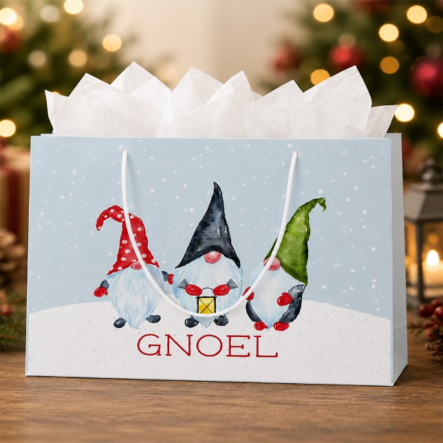 Gnoel Christmas Gnomes Large Gift Bag (Whimsical Christmas Gift Bag)