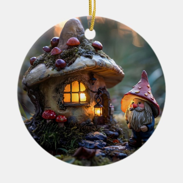 Gnome and a mushroom house, fantasy design ceramic ornament (Front)
