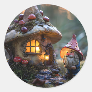 Gnome and a mushroom house, fantasy design classic round sticker
