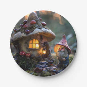 Gnome and a mushroom house, fantasy design paper plate