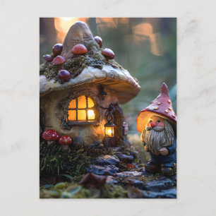 Gnome and a mushroom house, fantasy design postcard
