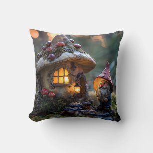 Gnome and a mushroom house, fantasy design throw pillow