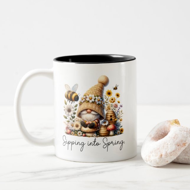 Gnome and Bee Spring Two-Tone Coffee Mug (With Donut)