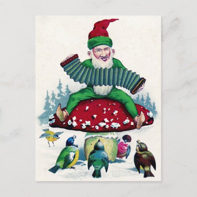 Gnome and Birds Sing and Celebrate Holiday Postcard (Front)