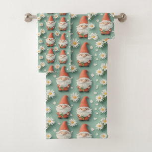 Gnome and Daisy Seamless Pattern Garden Design Bath Towel Set