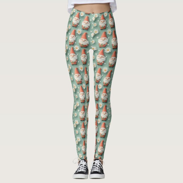 Gnome and Daisy Seamless Pattern Garden Design Leggings (Front)