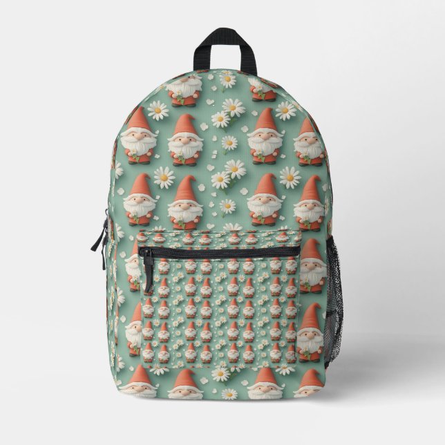 Gnome and Daisy Seamless Pattern Garden Design Printed Backpack (Front)