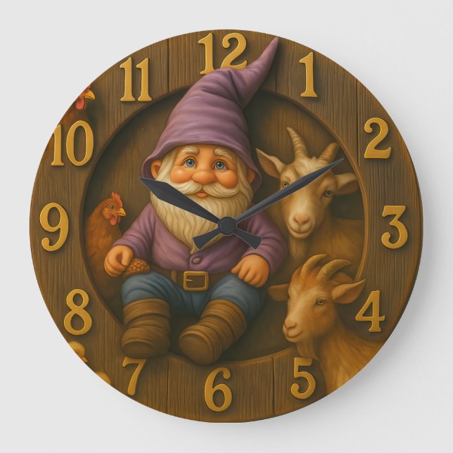 Gnome and Farm Animals in Cozy Garden Scene Large Clock (Front)