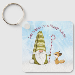 Gnome and Fox Best Wishes Happy Holiday Custom  Keychain
