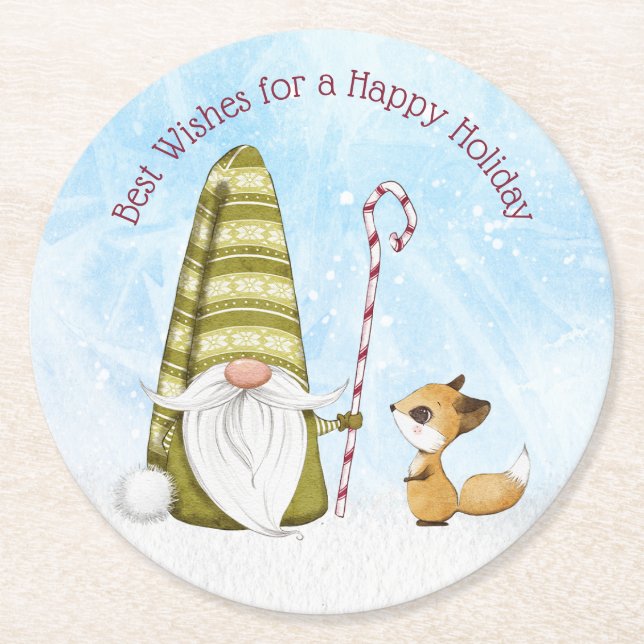 Gnome and Fox Best Wishes Happy Holiday Custom  Round Paper Coaster (Front)