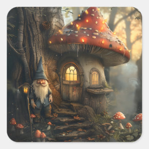 Gnome and mushroom house design square sticker