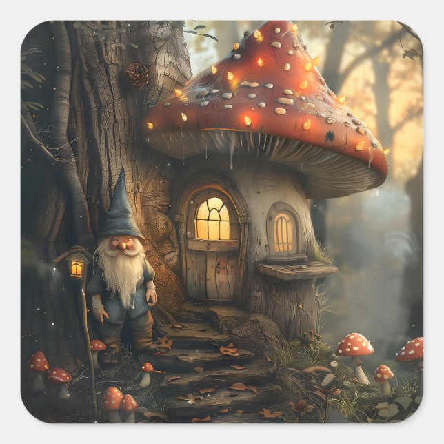 Gnome and mushroom house design square sticker (Front)